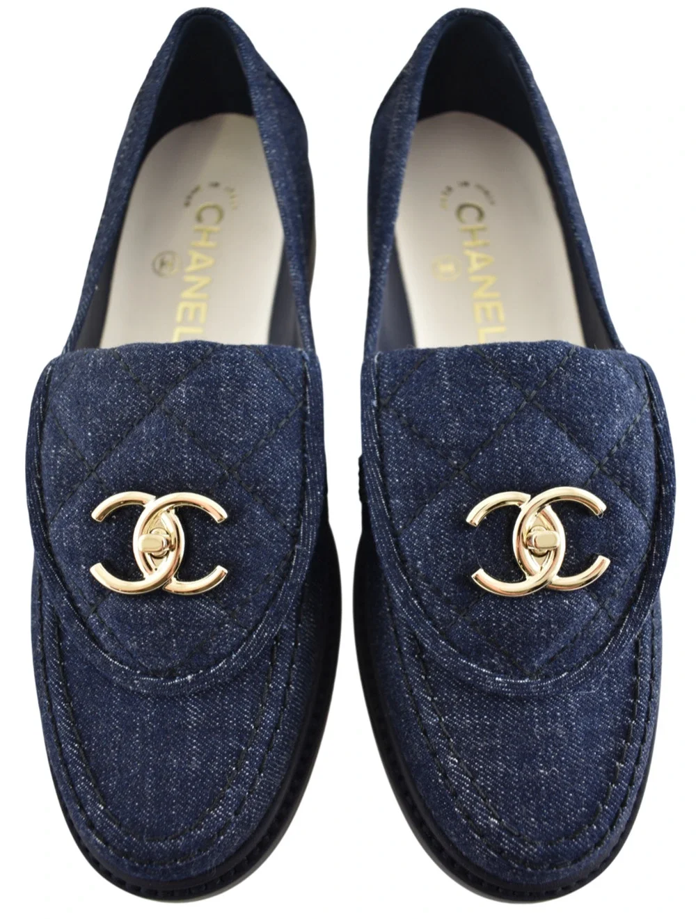 Chanel 24S Dark Blue Denim Quilted Turnlock CC Logo Moccasin Flat Loafer 38c